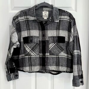 Japna Plaid Flannel Black Ivory Crop Top Boxy Button Up Women Size L Cotton